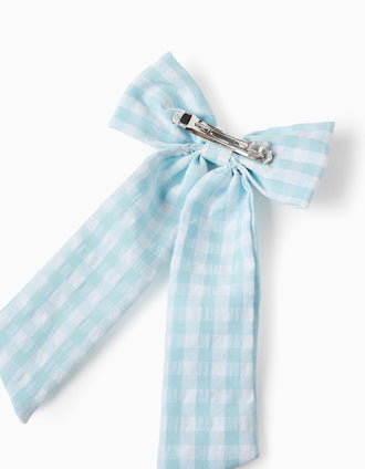 Pasador con Lazo Vichy Largo para Bebé y Niña, Blanco/Azul Claro