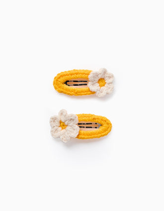 Pack of 2 Hair Clips with Crochet Flowers for Babies and Girls, White/Yellow