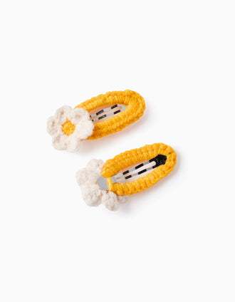 Pack of 2 Hair Clips with Crochet Flowers for Babies and Girls, White/Yellow