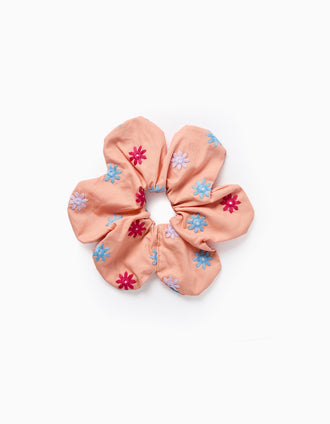 Flower Embroidered Scrunchie for Babies and Girls and Girls, Coral
