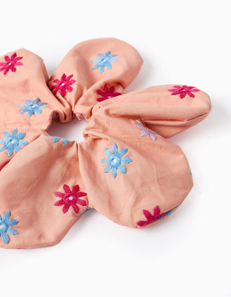 Flower Embroidered Scrunchie for Babies and Girls and Girls, Coral