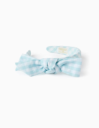 Vichy Headband with Bow for Babies and Girls, White/Light Blue