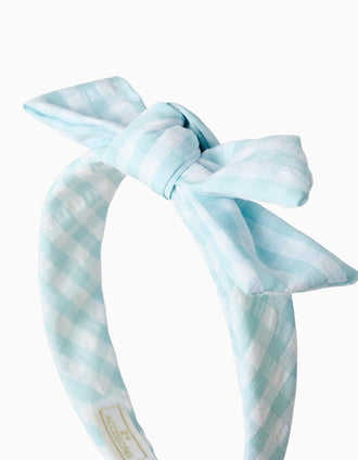 Vichy Headband with Bow for Babies and Girls, White/Light Blue