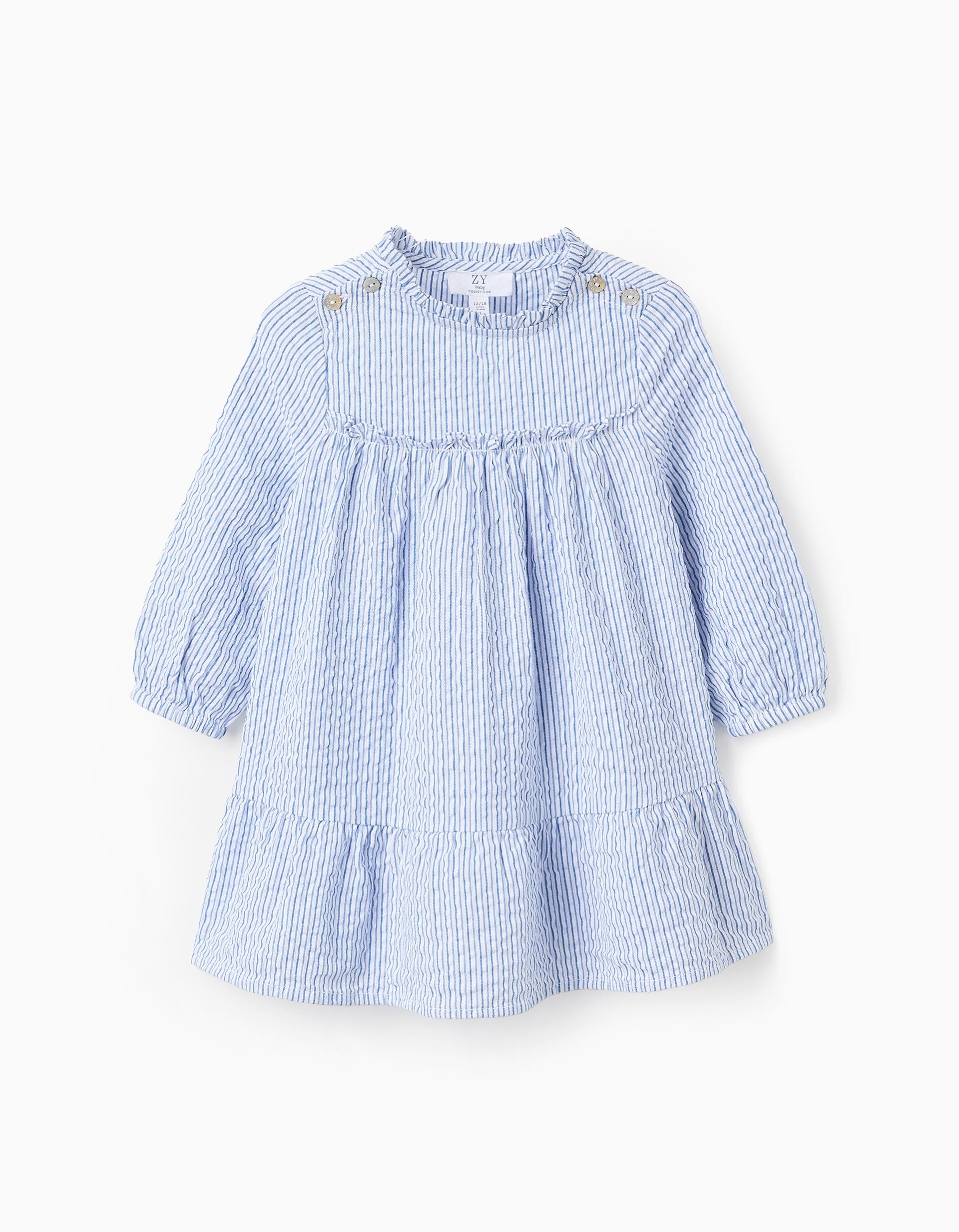 Vestido de Algodão às Riscas para Bebé Menina, Branco/Azul