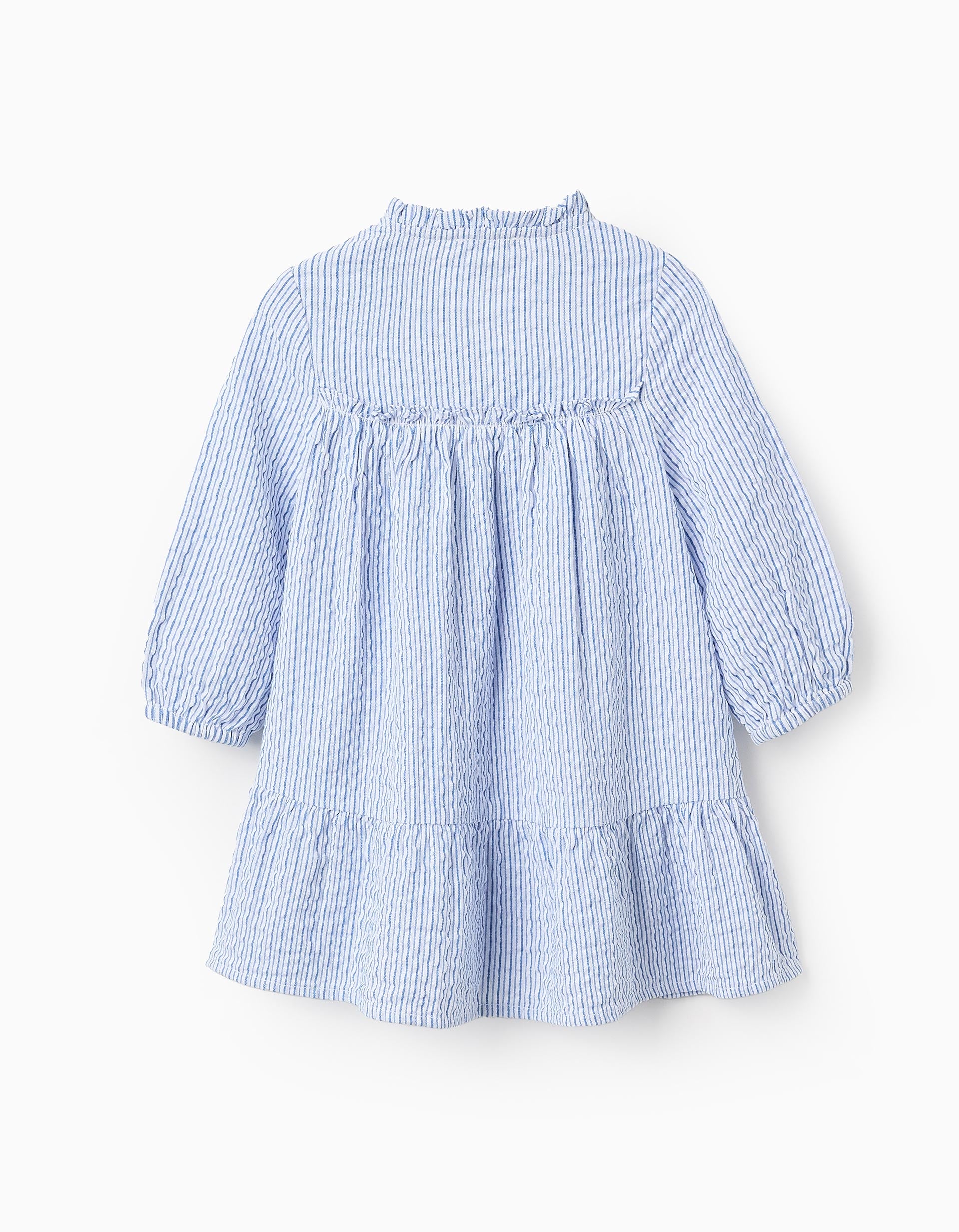 Vestido de Algodão às Riscas para Bebé Menina, Branco/Azul