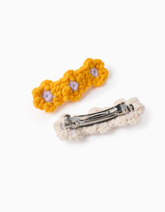 Pack of 2 Hair Slides with Crochet Flowers for Babies and Girls, Lilac/White/Yellow