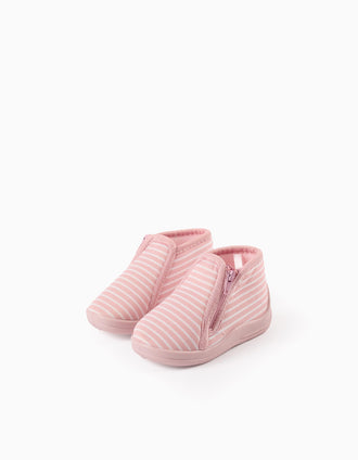 Striped Slippers with Zip for Baby Girls, Pink