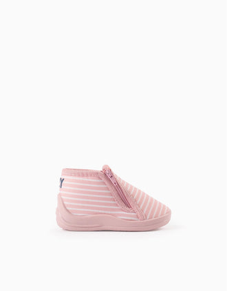 Striped Slippers with Zip for Baby Girls, Pink