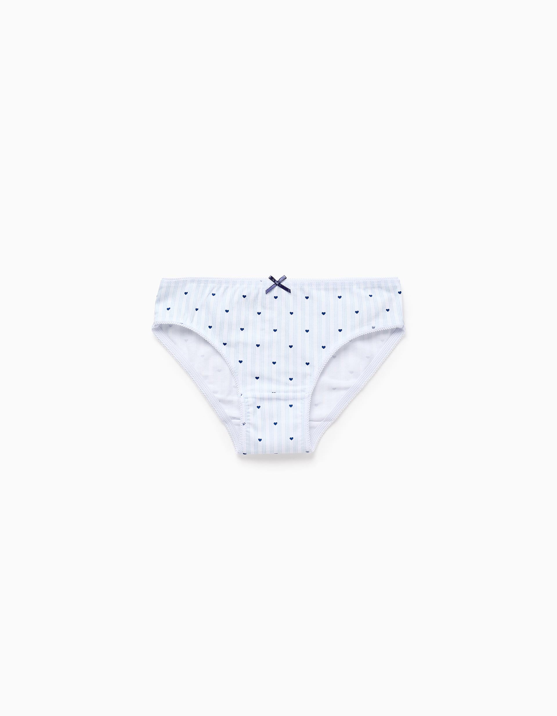 Pack 5 Cuecas para Menina 'Riscas & Corações', Branco/Azul