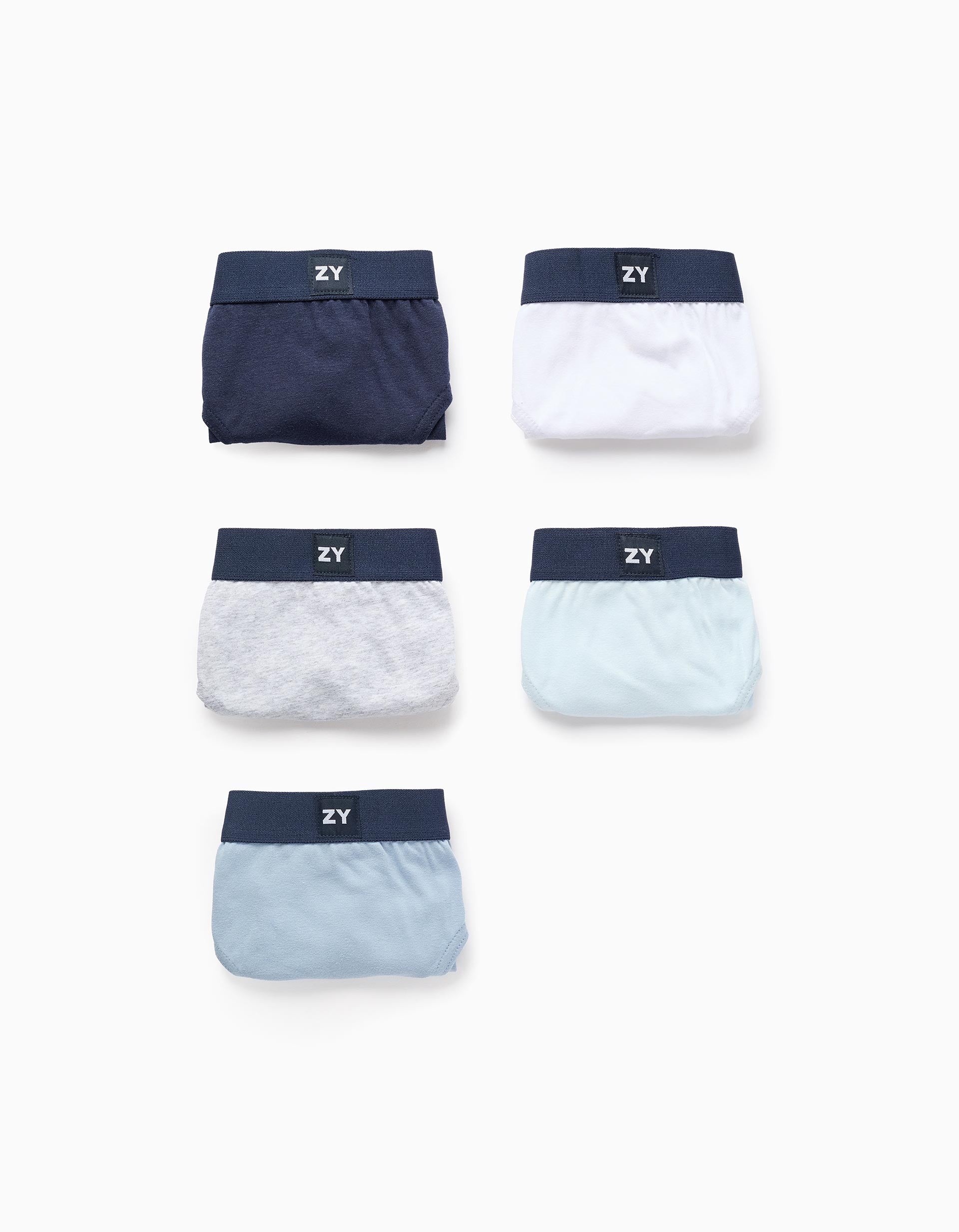 Pack 5 Cuecas Lisas para Menino, Azul/Branco/Cinza