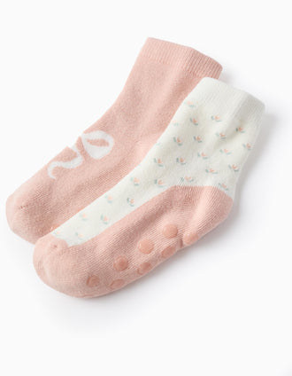 Pack of 2 Non-Slip Socks for Girls 'Flowers', Pink/White