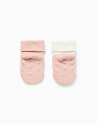 Pack of 2 Non-Slip Socks for Baby Girls 'Flowers', Pink/White