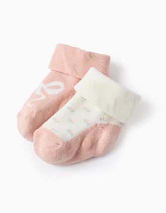 Pack of 2 Non-Slip Socks for Baby Girls 'Flowers', Pink/White