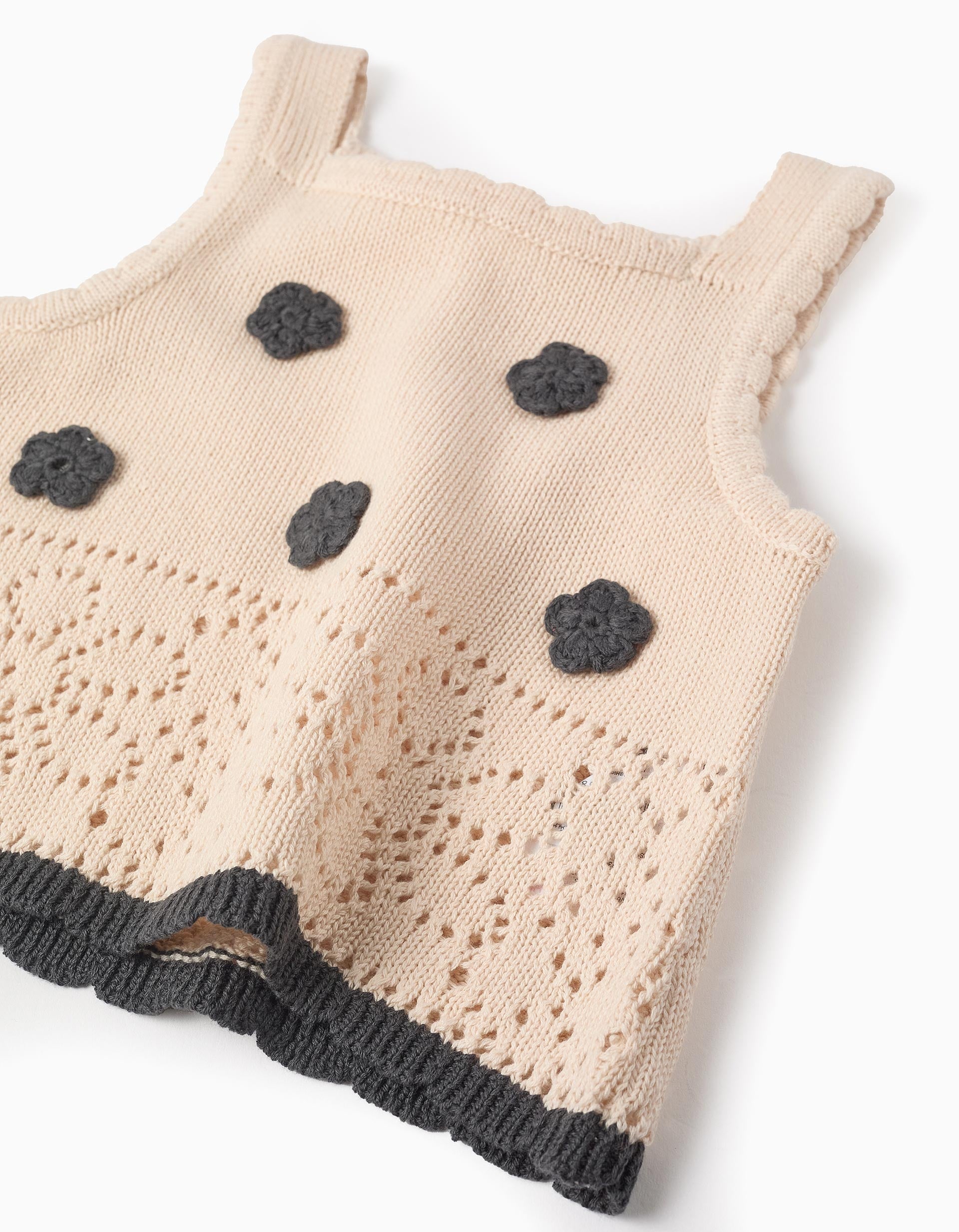 Crochet Flower Knit Top for Girls, Beige/Grey