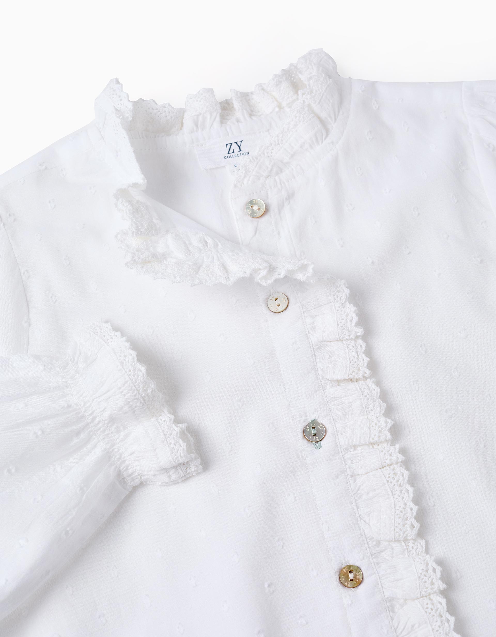 Camisa de Tejido Plumeti con Detalle en Crochet para Niña, Blanco