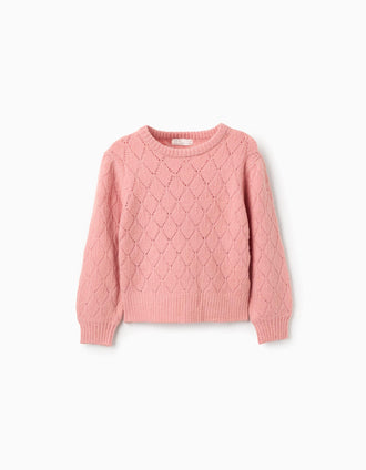 Jersey de Punto Calado y Hombros Caídos para Niña, Rosa