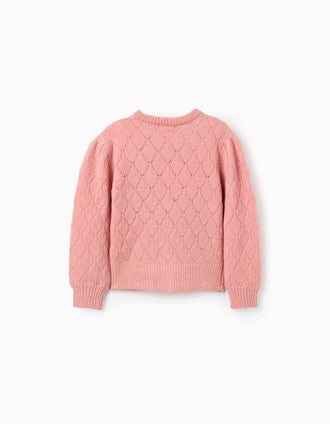 Jersey de Punto Calado y Hombros Caídos para Niña, Rosa