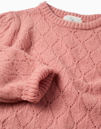 Jersey de Punto Calado y Hombros Caídos para Niña, Rosa