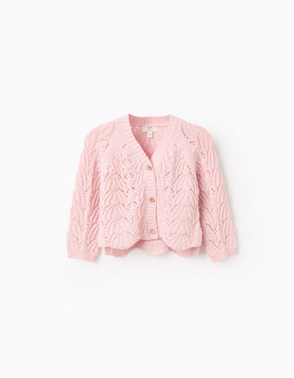 Knitted Openwork V-neck Cardigan for Baby Girls, Pink