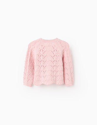 Knitted Openwork V-neck Cardigan for Baby Girls, Pink
