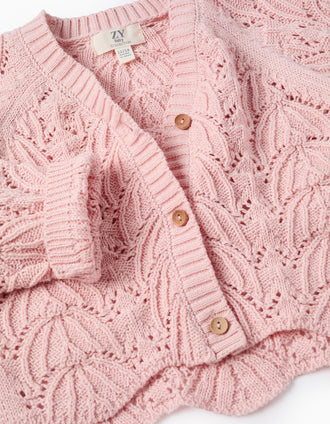 Knitted Openwork V-neck Cardigan for Baby Girls, Pink