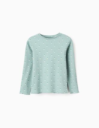 Camiseta Acanalada de Manga Larga con Estampado para Niña, Verde Claro