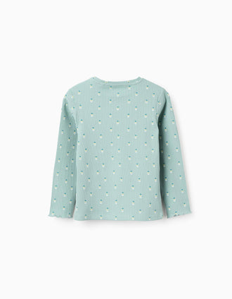 Camiseta Acanalada de Manga Larga con Estampado para Niña, Verde Claro