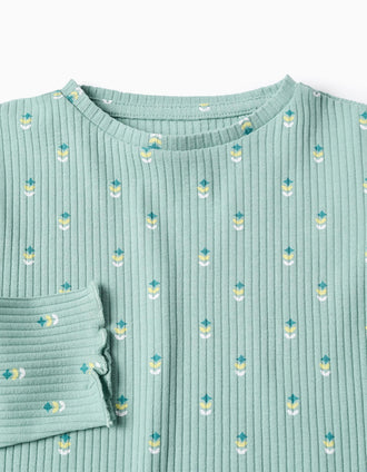 Camiseta Acanalada de Manga Larga con Estampado para Niña, Verde Claro