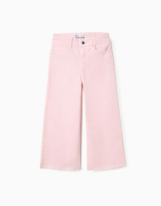 Calças de Sarja Wide Leg com Bainhas Desfiadas para Menina, Rosa-Claro