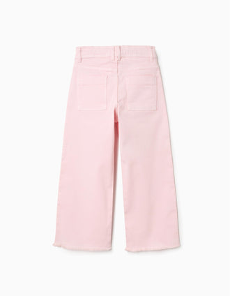 Calças de Sarja Wide Leg com Bainhas Desfiadas para Menina, Rosa-Claro