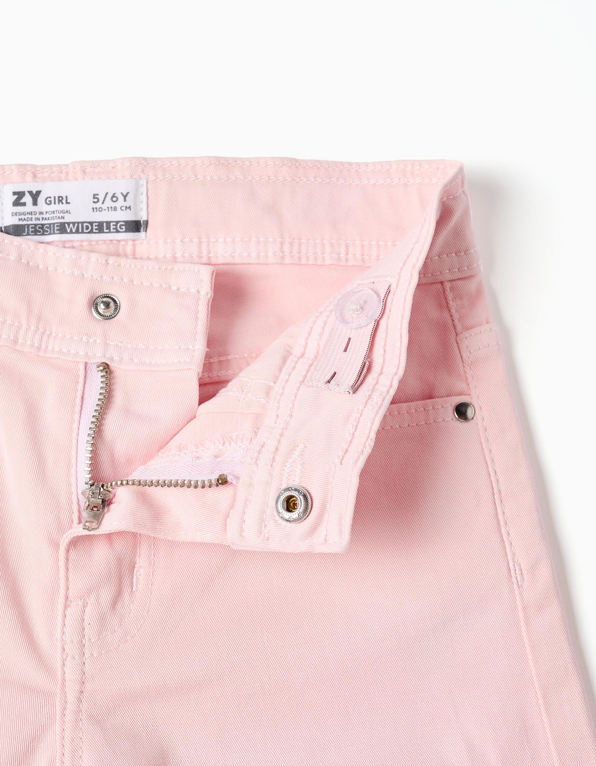 Wide Leg Twill Trousers with Frayed Hems for Girls, Light Pink