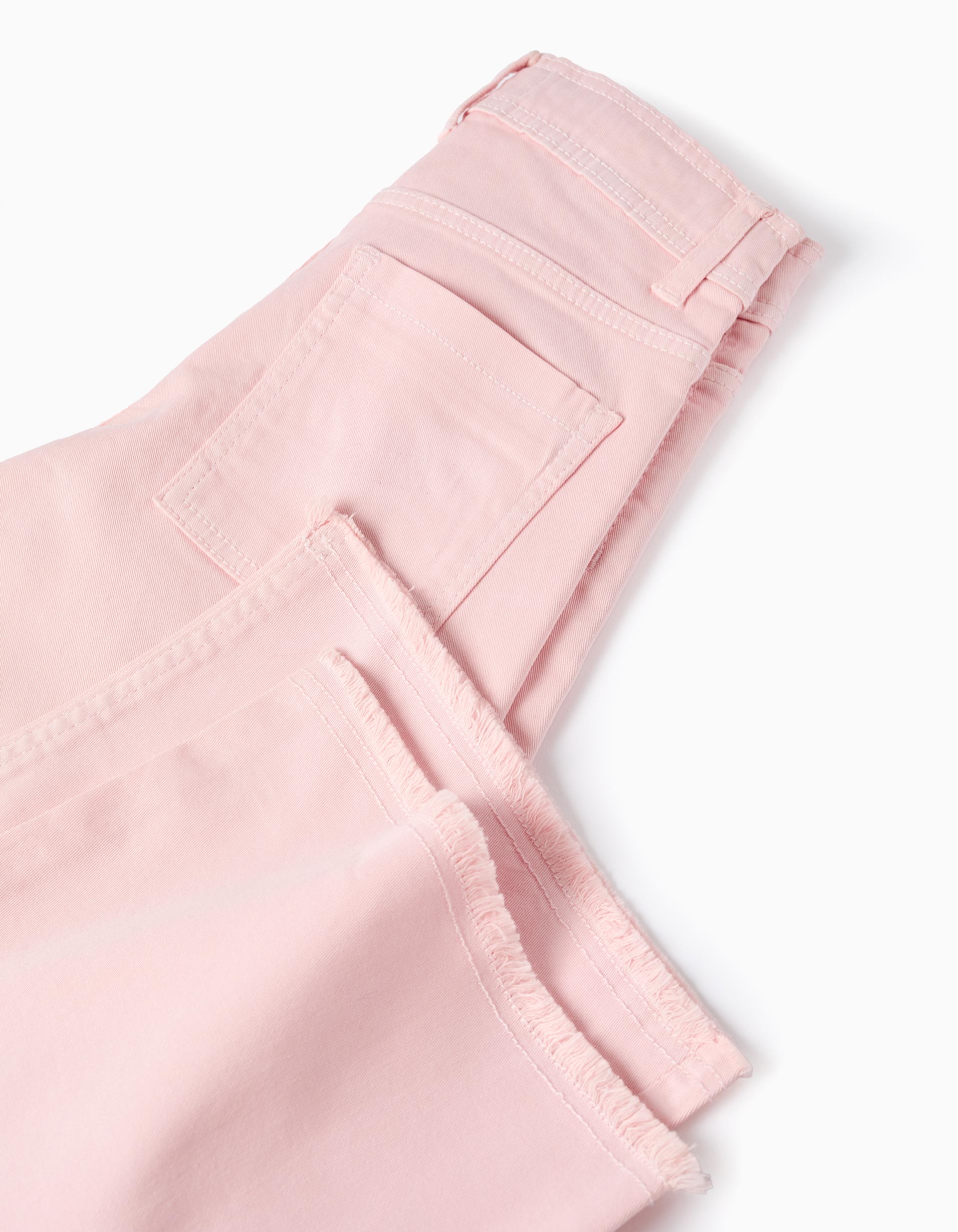 Wide Leg Twill Trousers with Frayed Hems for Girls, Light Pink