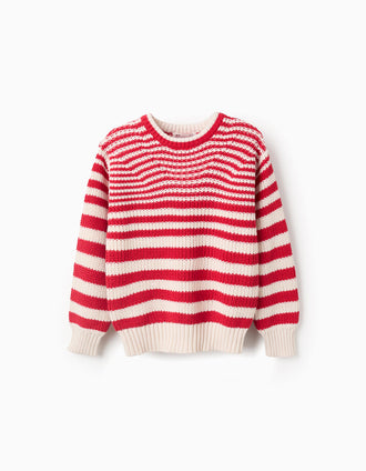 Jersey de Punto a Rayas de Algodón para Niña, Beige/Rojo
