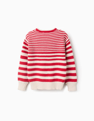 Jersey de Punto a Rayas de Algodón para Niña, Beige/Rojo