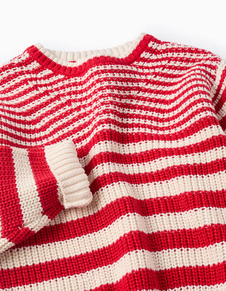 Jersey de Punto a Rayas de Algodón para Niña, Beige/Rojo