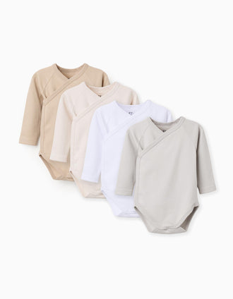 Pack 4 Bodies de Algodón Cierre Cruzado para Recién Nacido y Bebé 'Pastel', Blanco/Beige