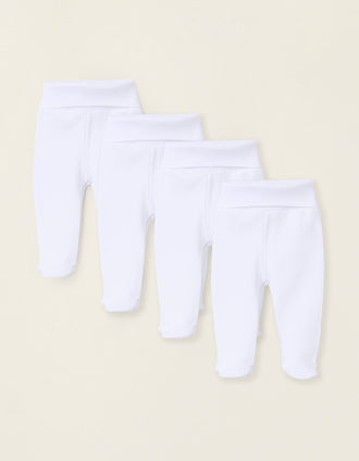 4 Pantalones con Pies en Algodón Perchado para Recién Nacido y Bebé, Blanco