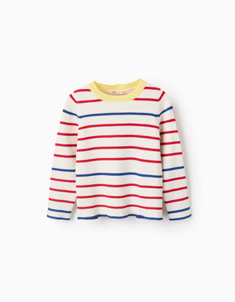Jersey a Rayas para Niña, Beige/Rojo/Azul