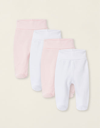 Pack of 4 Footed Trousers for Baby Girls 'Extra Comfy', White/Pink