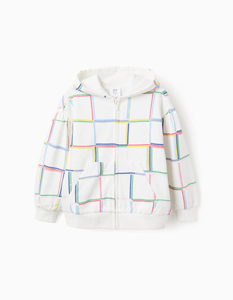 Casaco de Algodão com Capuz e Motivo Colorido para Menina, Branco