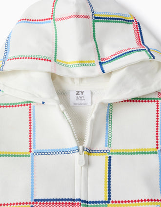 Casaco de Algodão com Capuz e Motivo Colorido para Menina, Branco
