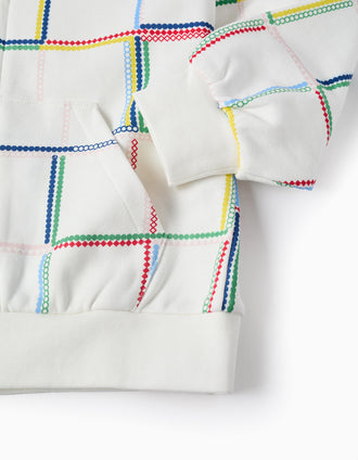 Casaco de Algodão com Capuz e Motivo Colorido para Menina, Branco