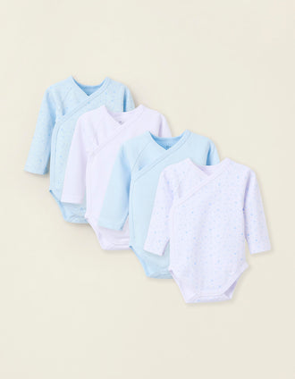 Pack of 4 Cotton Wrapover Bodysuits for Newborns and Babies 'Stars', White/Blue