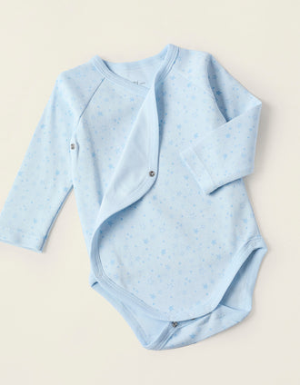 Pack of 4 Cotton Wrapover Bodysuits for Newborns and Babies 'Stars', White/Blue