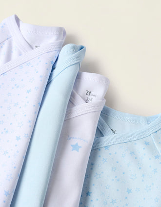 Pack of 4 Cotton Wrapover Bodysuits for Newborns and Babies 'Stars', White/Blue