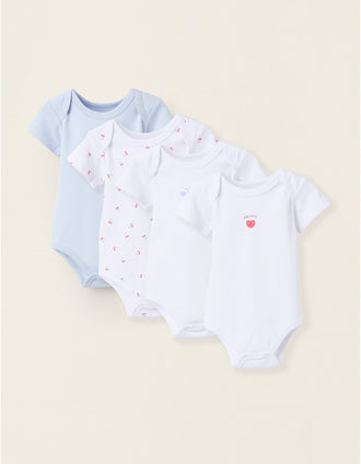 Pack of 4 Short Sleeve Bodysuits for Baby Girls 'Hearts', White/Blue