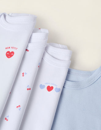 Pack of 4 Short Sleeve Bodysuits for Baby Girls 'Hearts', White/Blue