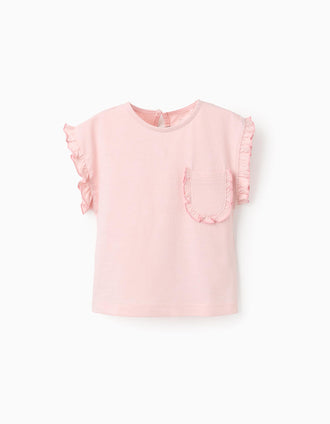 Cotton T-shirt with Ruffles and Pocket for Baby Girls, Pink