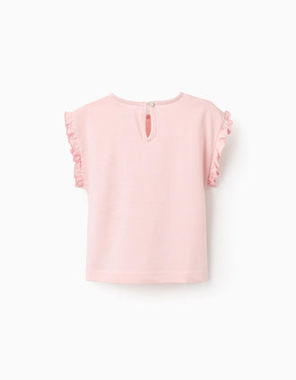 Cotton T-shirt with Ruffles and Pocket for Baby Girls, Pink