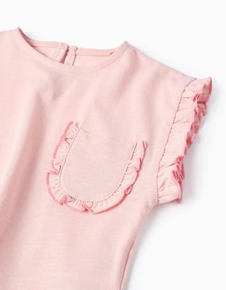 Cotton T-shirt with Ruffles and Pocket for Baby Girls, Pink